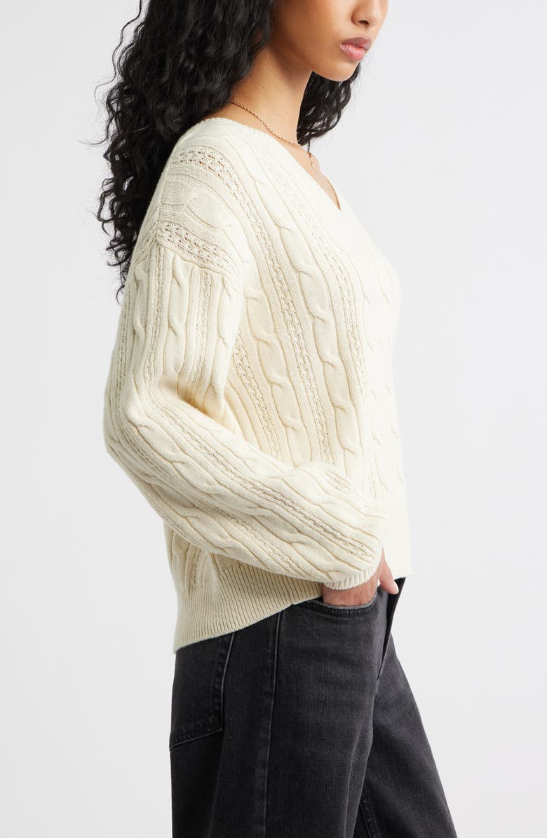 BP. Bow Back Cable Knit Sweater, Alternate, color, Ivory- Black Satin Bow