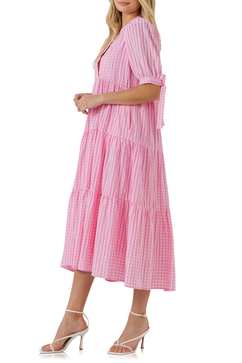Gingham Tiered Midi Dress, Alternate, color, PINK