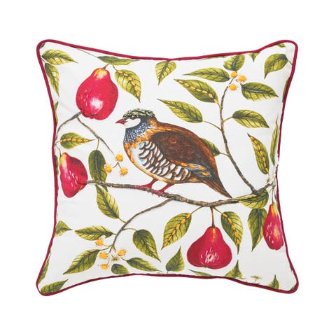 Partridge In A Pear Tree Printed 100% Cotton Christmas Accent Throw Pillow 18" x 18"