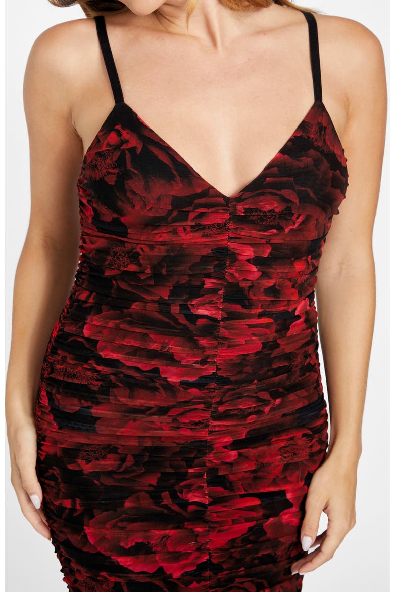 Passion Flower Ruched Mesh Body-Con Dress, Alternate, color, MEDIUM RED