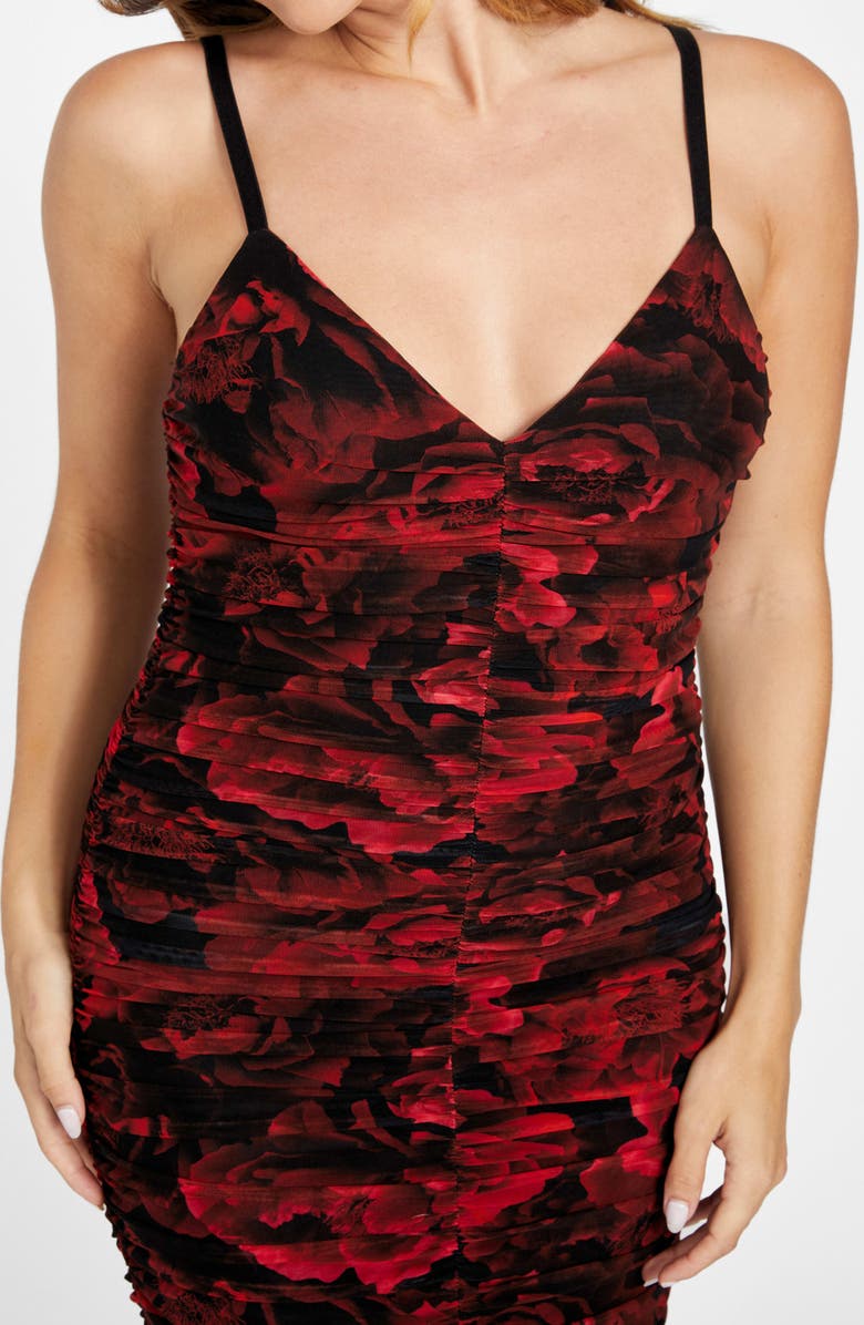 Marciano Passion Flower Ruched Mesh Body-Con Dress, Alternate, color, Medium Red