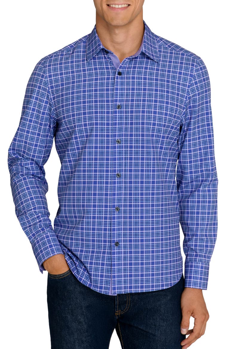 Slim Fit Hermon Plaid Performance Stretch Long Sleeve Shirt, Main, color, PURPLE