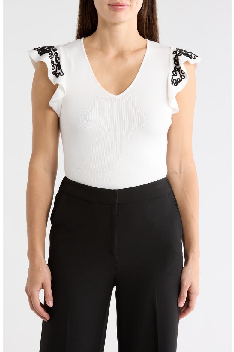 V-Neck Ruffle Sleeve Top, Main, color, WHITE STAR/ BLACK