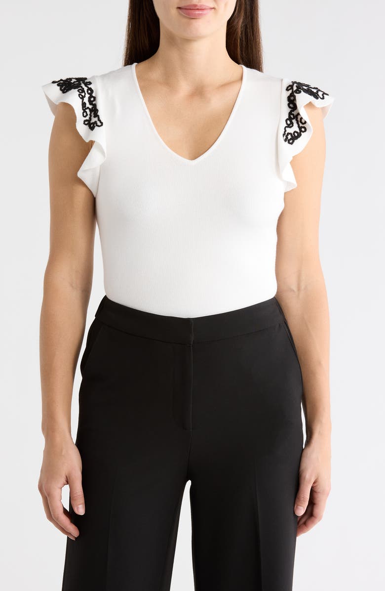 ELIE ELIE TAHARI V-Neck Ruffle Sleeve Top, Main, color, White Star/ Black