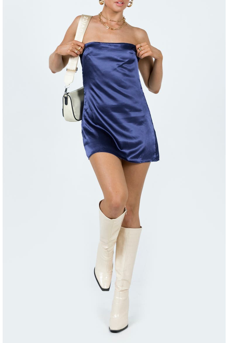 Shaya Bow Back Strapless Satin Minidress, Main, color, BLUE