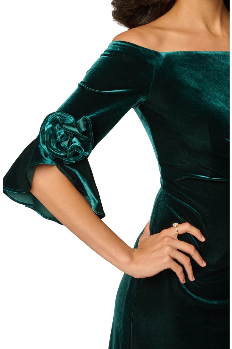 Bell Sleeve Off the Shoulder Stretch Velvet Rosette Gown, Alternate, color, HUNTER