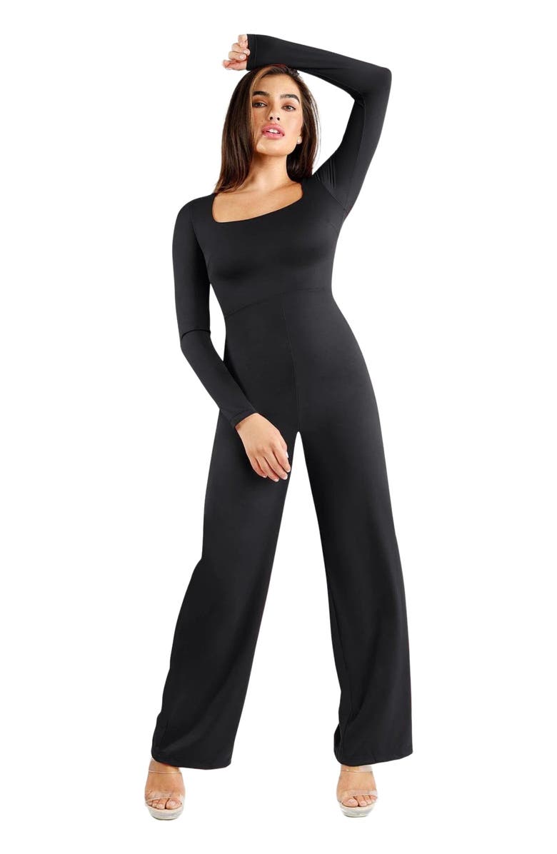 Popilush Shapewear Long Sleeve Square Neck Slimming Wide Leg Jumpsuit, Alternate, color, Midnight Black