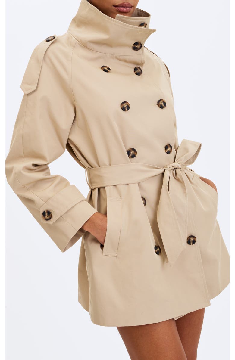 Miss Circle Vanetta High Collar Double-Breasted Trench Mini Coat, Alternate, color, Tan