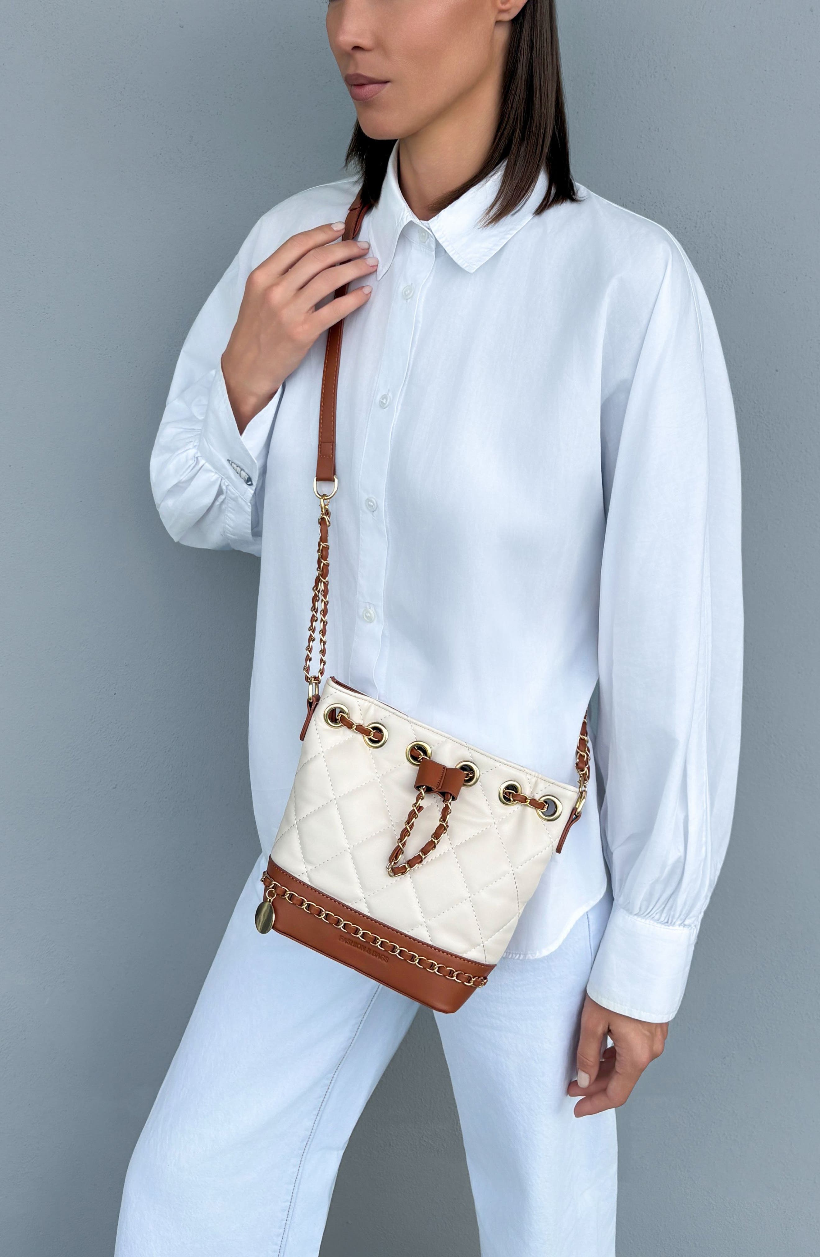 Two Tone Faux Leather Bucket Bag, Alternate, color, BROWN