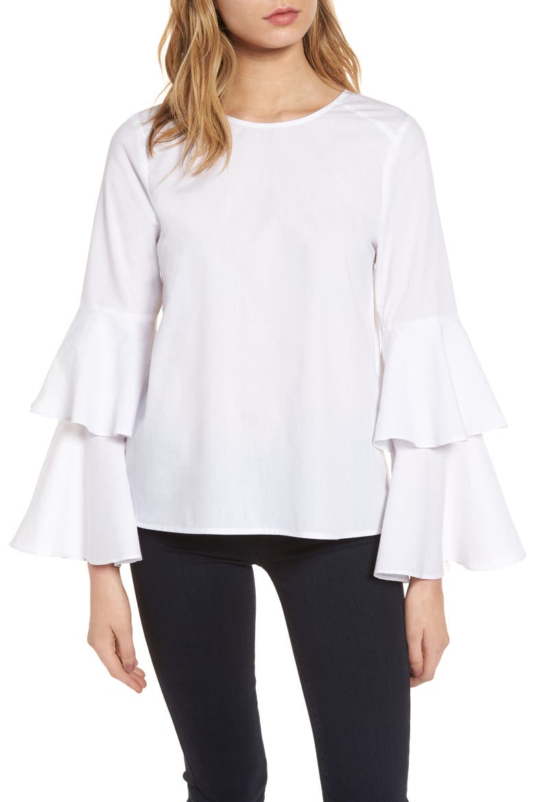 Bell Sleeve Poplin Top, Main, color, WHITE