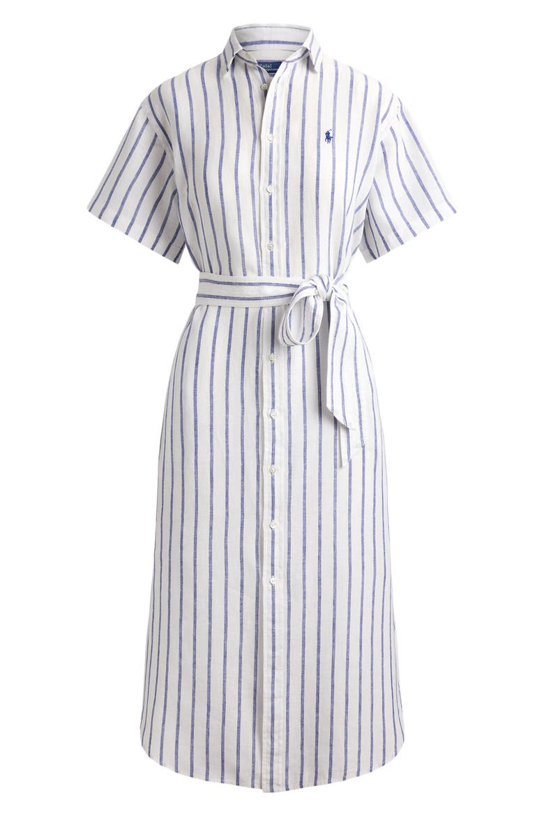 Striped Belted Linen Midi Shirtdress, Alternate, color, WHITE-ROYAL