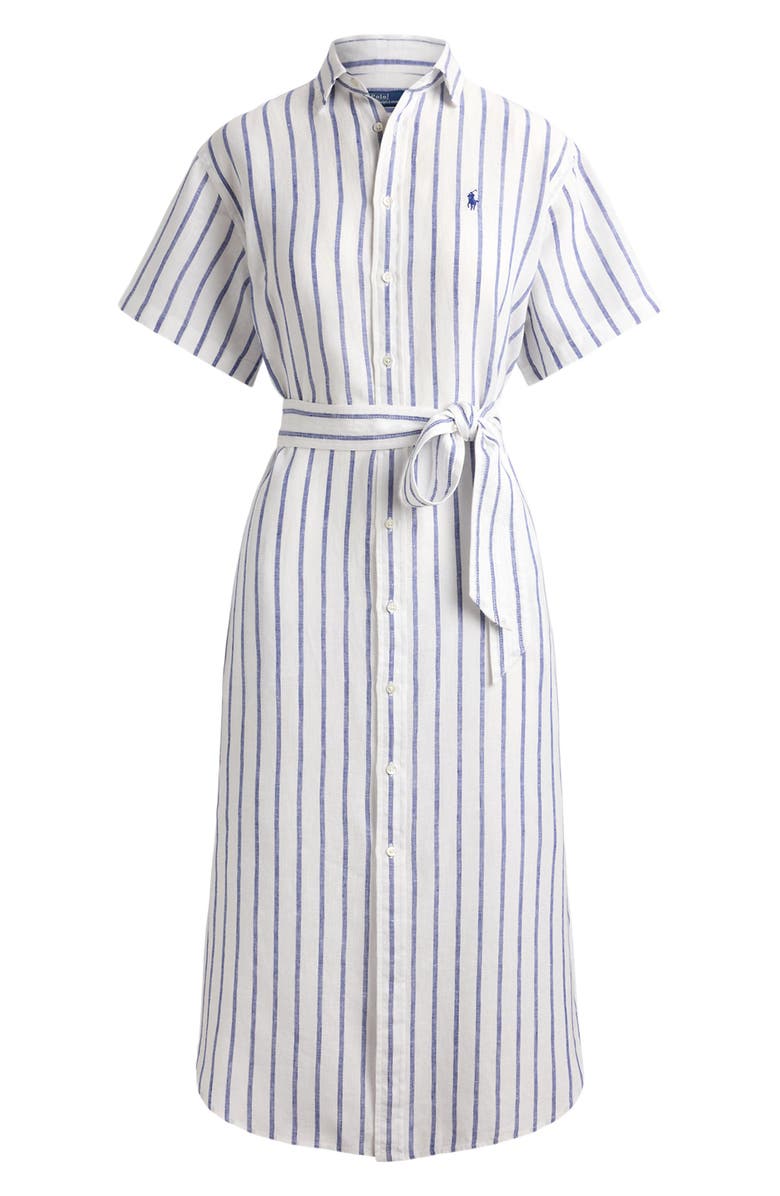 Polo Ralph Lauren Striped Belted Linen Midi Shirtdress, Alternate, color, White-Royal