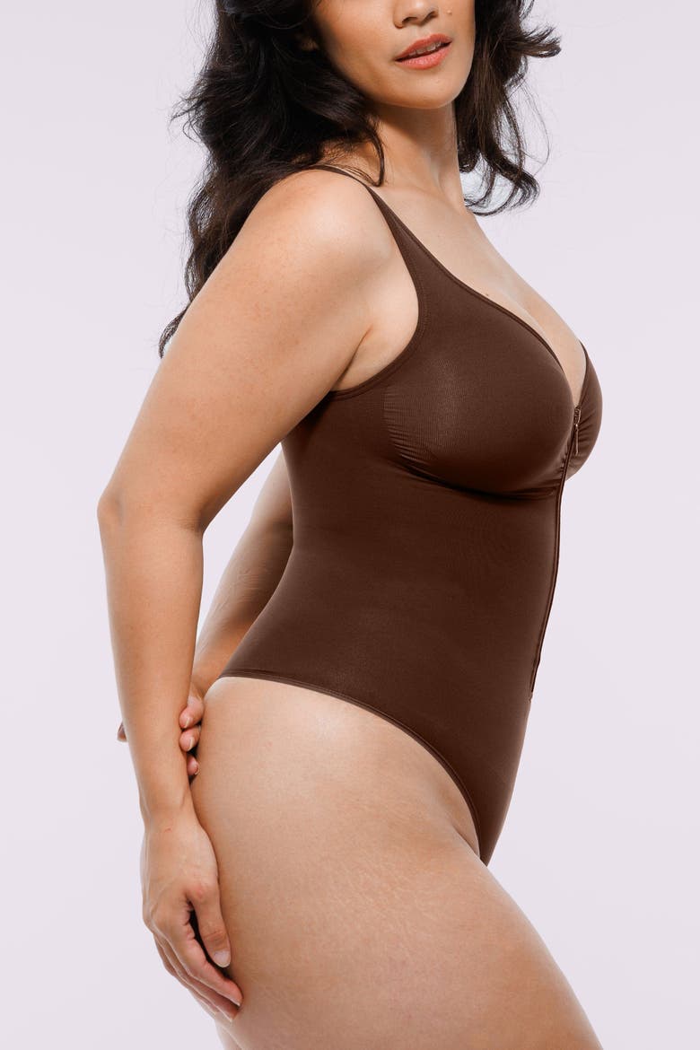 Skin Flow Zipper Front Thong Bodysuit, Alternate, color, Deep Coffee
