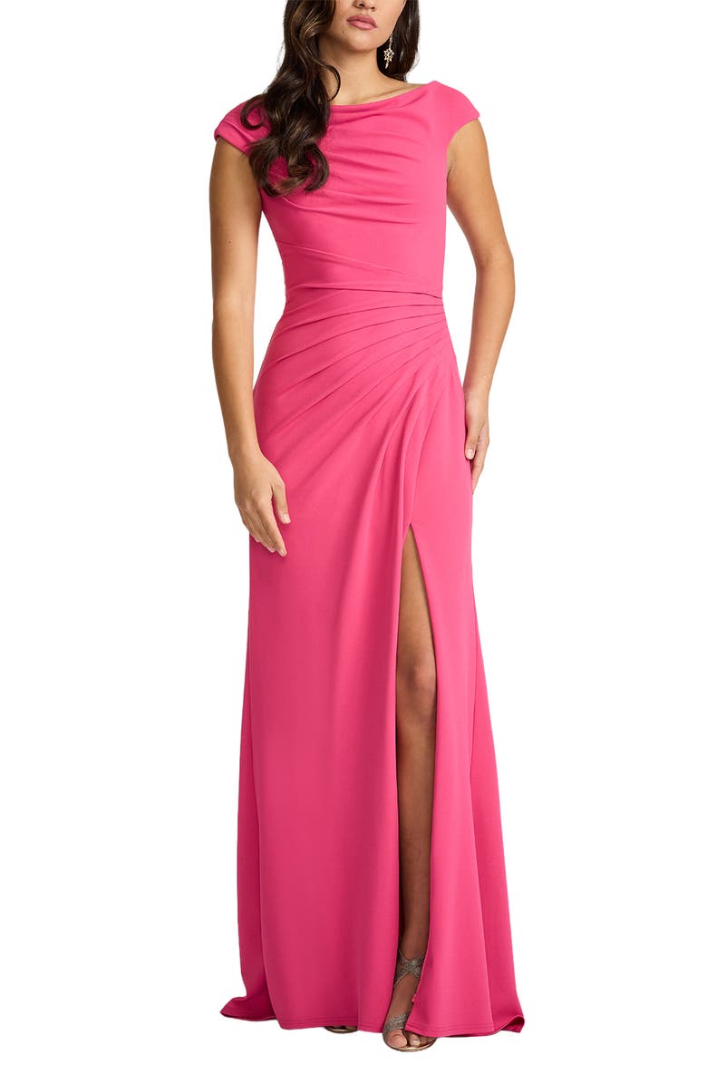Tadashi Shoji Ruched Cap Sleeve Gown, Main, color, Cabaret