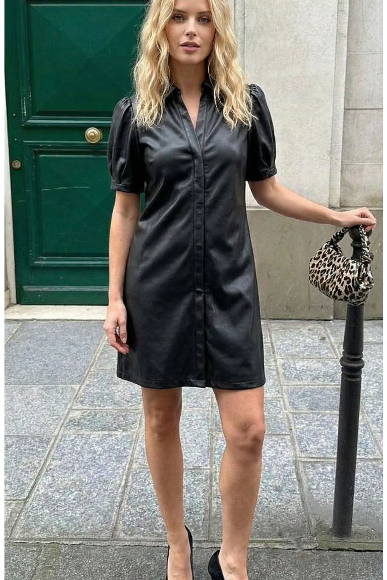 Faux Leather Puff Sleeve Shirt Dress, Alternate, color, Black