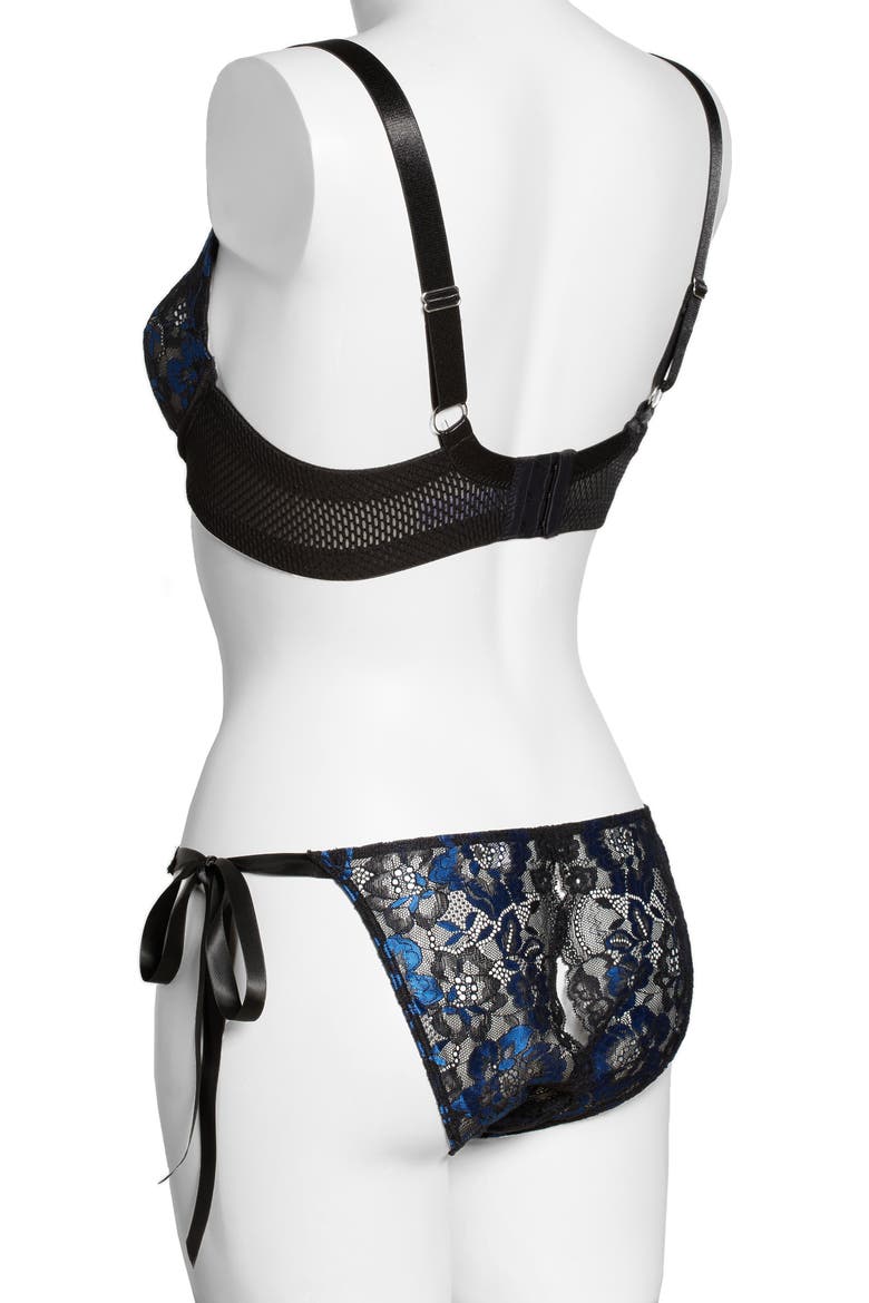Floral Lace Underwire Bra and Side Tie Panties, Alternate, color, BLACK