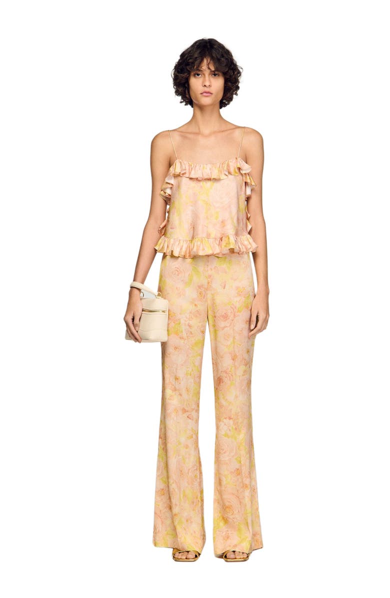 SANDRO Floral-print floaty trousers, Alternate, color, Pink / Green