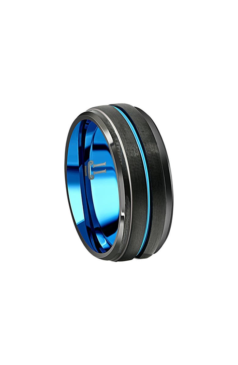 Bliss Diamond Men's Black & Blue Tungsten Ring Brushed Beveled Step Cut Wedding Band, Alternate, color, Black Tungsten