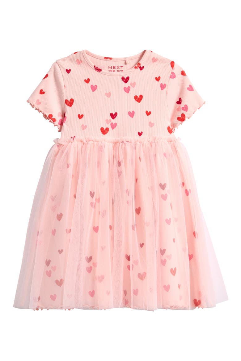Kids' Heart Print Mixed Media Dress, Main, color, PINK