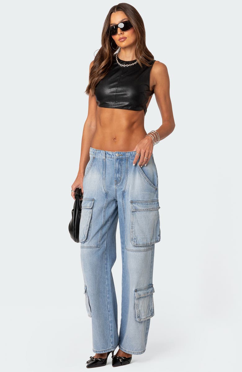 EDIKTED Porsha Open Back Faux Leather Crop Top, Alternate, color, Black