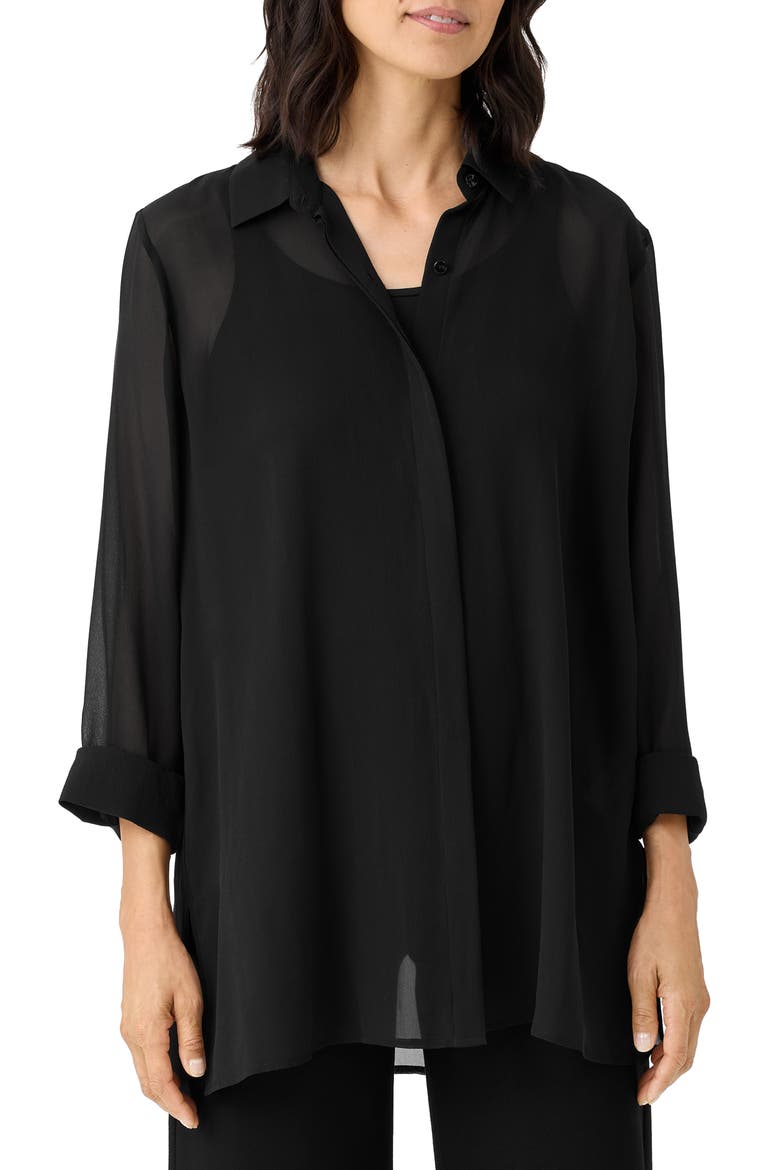 Classic Collar Long Silk Button-Up Shirt, Main, color, BLACK