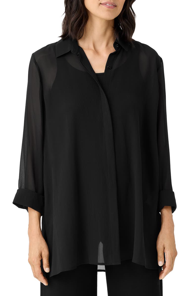 Eileen Fisher Classic Collar Long Silk Button-Up Shirt, Main, color, 