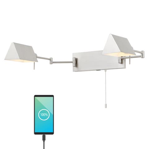 Arlo 2-Light Farmhouse Industrial Double Swing Arm Iron LED Wall Sconce with Pull-Chain USB Charging Port