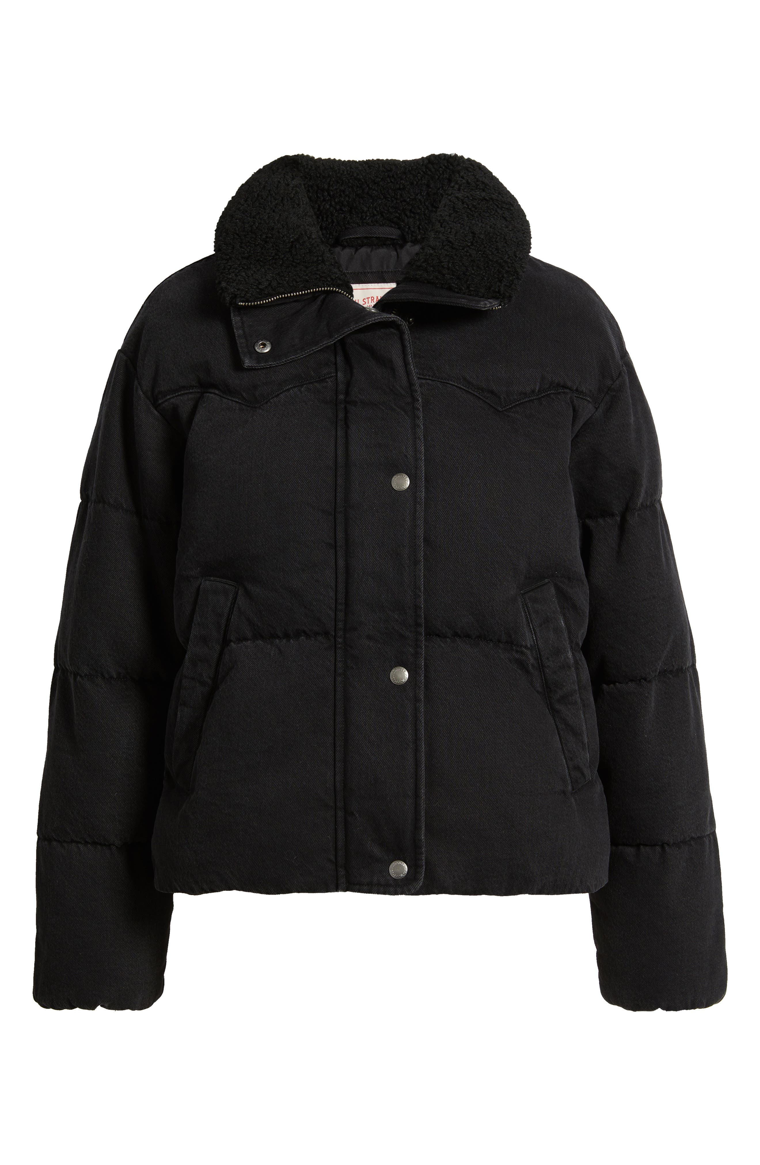 Western Denim Faux Shearling Collar Puffer Jacket (Women