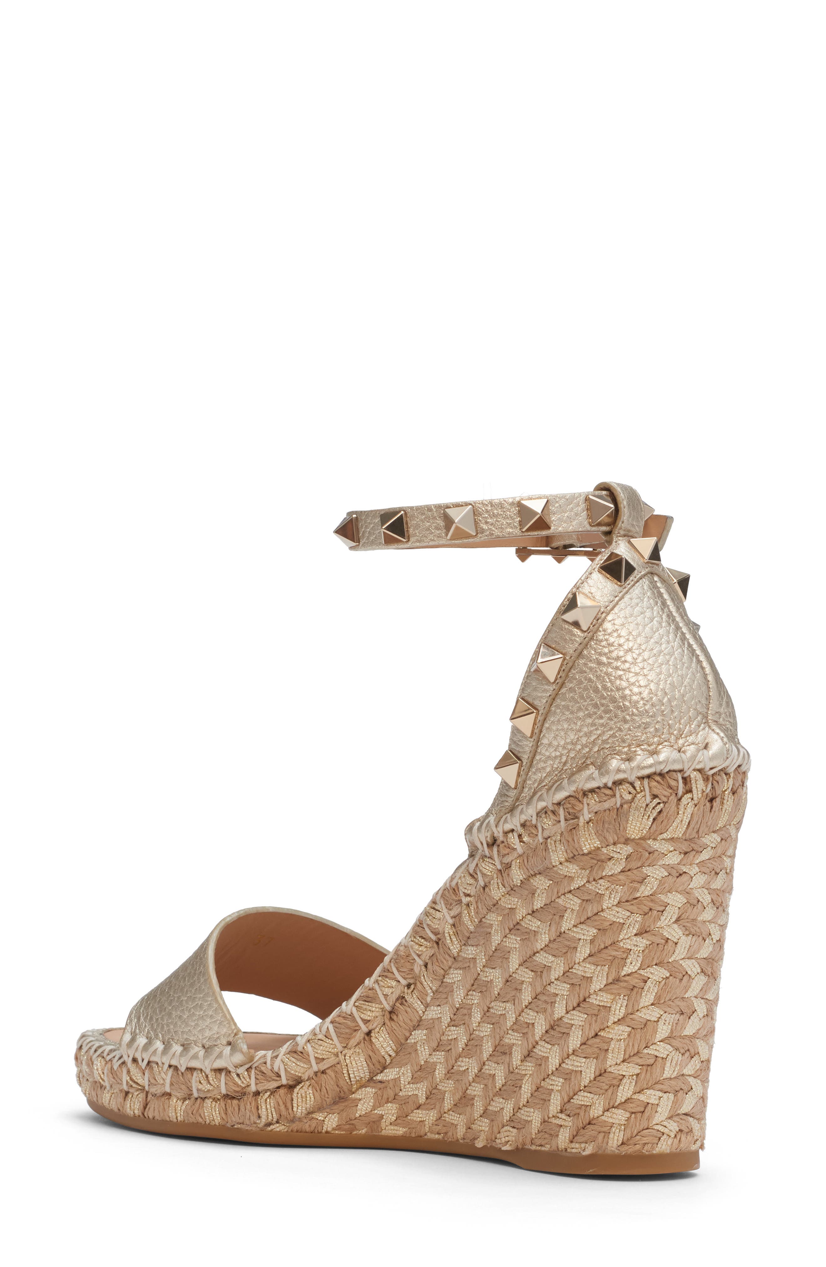 Valentino Garavani Rockstud Metallic Espadrille Wedge Sandal, Alternate, color, Platinum