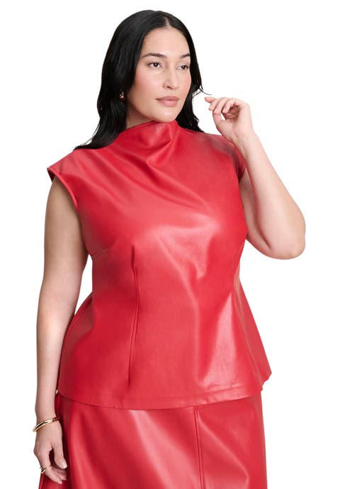 Faux Leather Top With Dramatic Neck