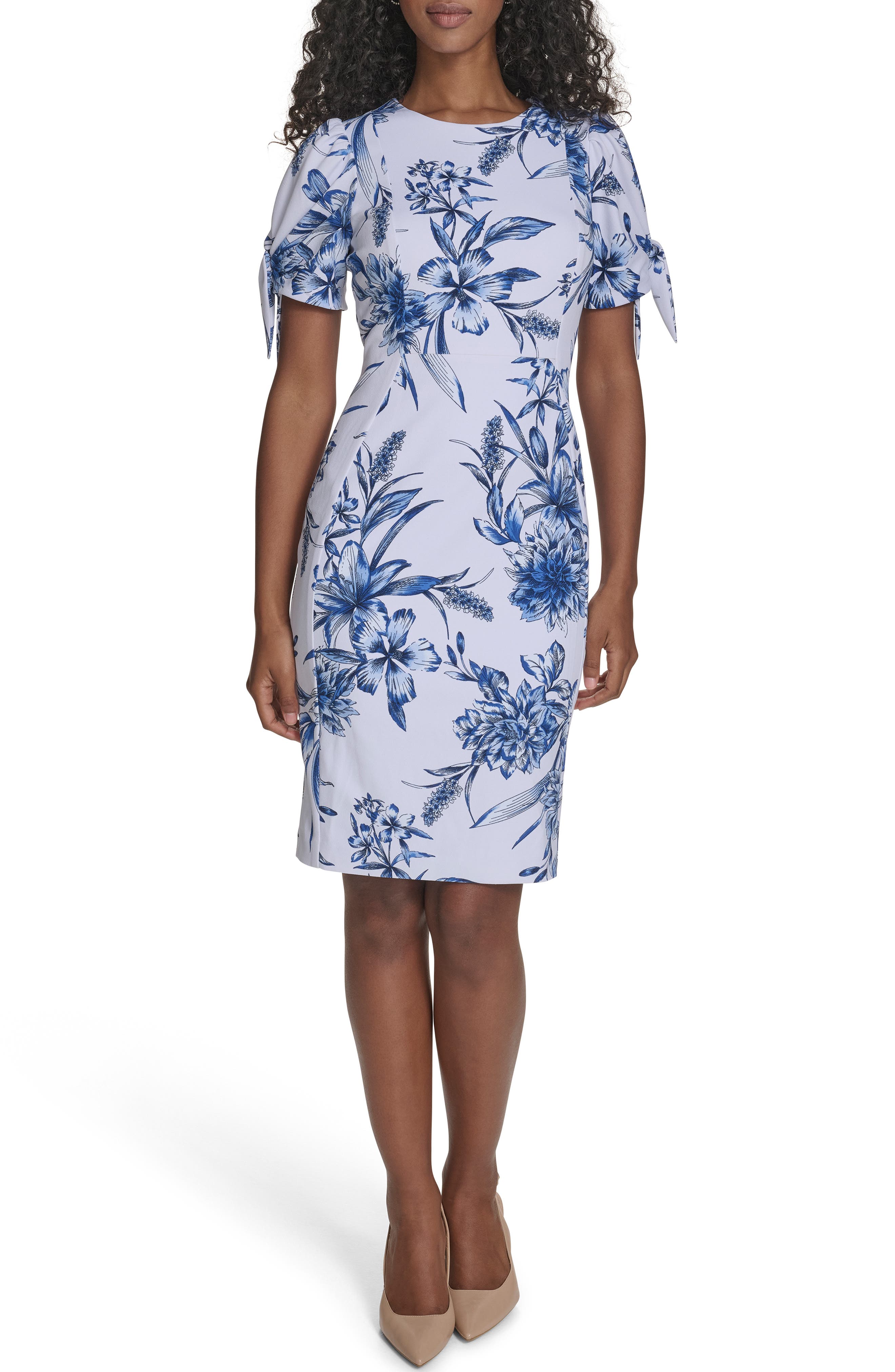 Calvin Klein Floral Tie Short Sleeve Sheath Dress
