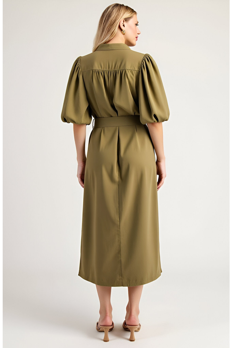 Belted Midi Dress with Puff Elbow Sleeves and Keyhole Neckline, Alternate, color, Olive Green