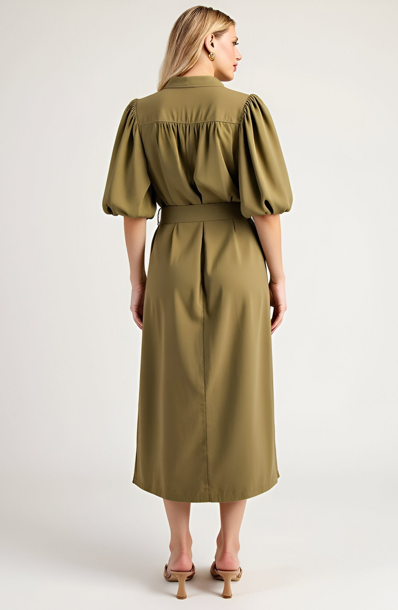 Modenaire Belted Midi Dress with Puff Elbow Sleeves and Keyhole Neckline, Alternate, color, Olive Green