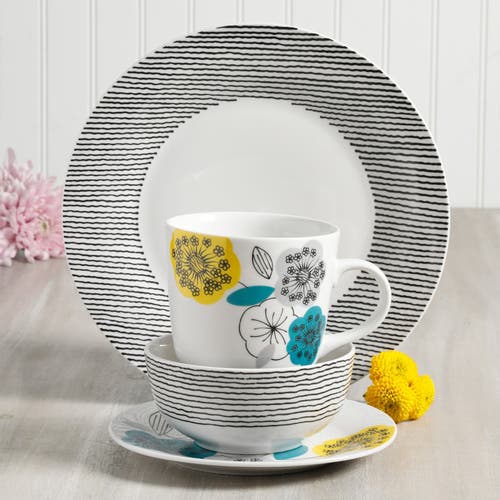 Gibson Home Marigold 16 Piece Fine Ceramic Dinnerware Set, Service For 4 In White