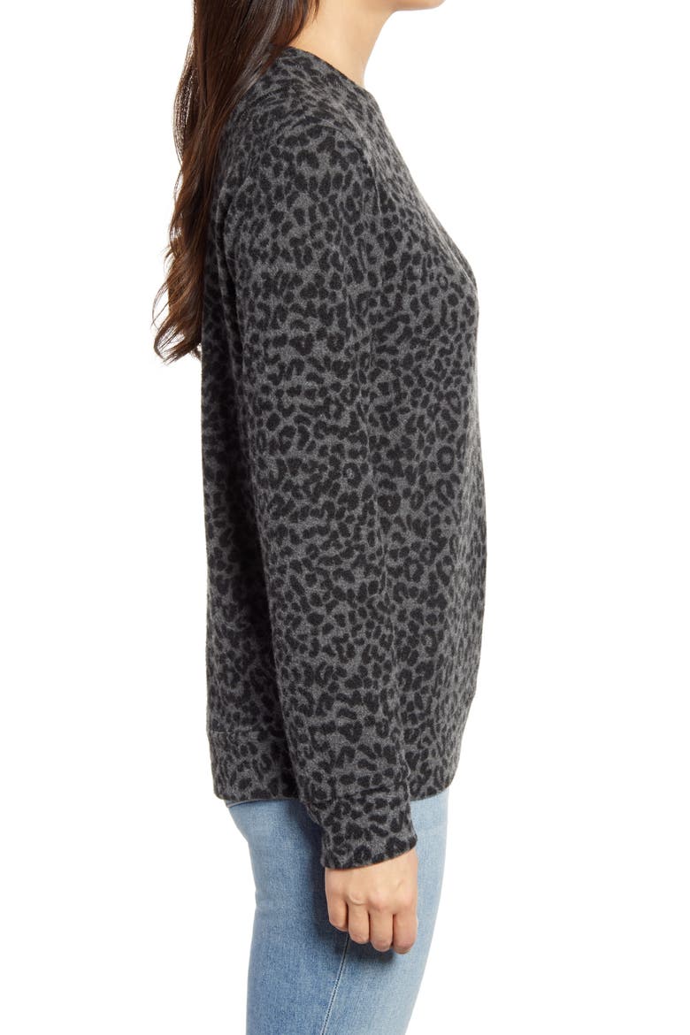 Brushed Leopard Print Long Sleeve Crewneck Top, Alternate, color, GRAY/ BLACK