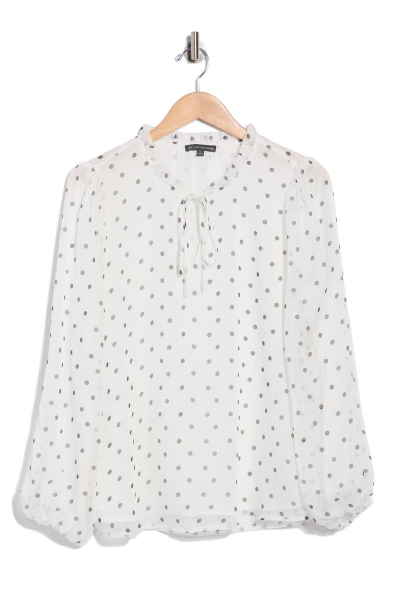 Ruffle Neck Top, Alternate, color, IVORY/ BLACK TIMELESS DOT