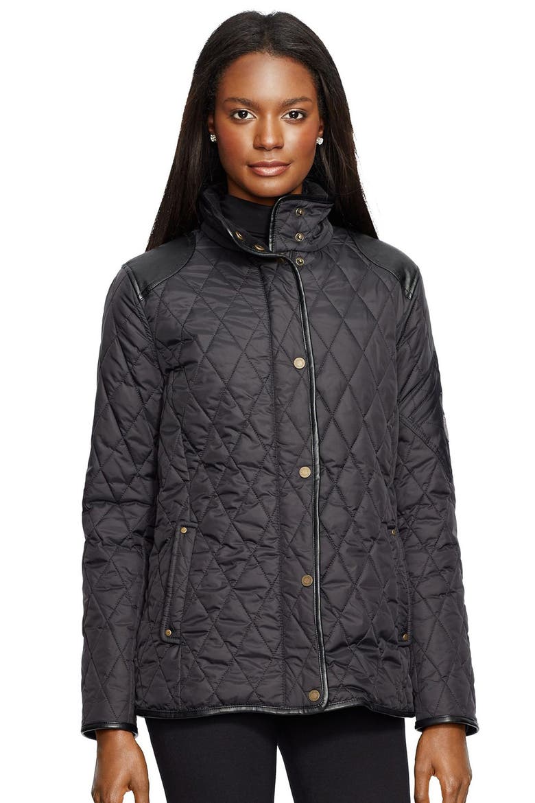 Faux Leather Trim Quilted Jacket, Main, color, BLACK