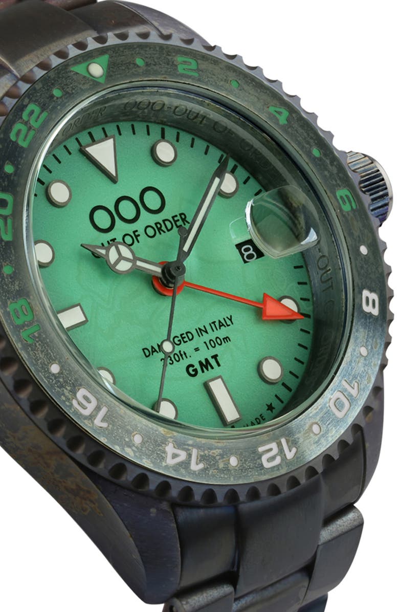 OUT OF ORDER Swiss Movement GMT Tokyo Shibuya Ultra Brushed Bracelet Watch, 44mm, Alternate, color, Black/ Light Green