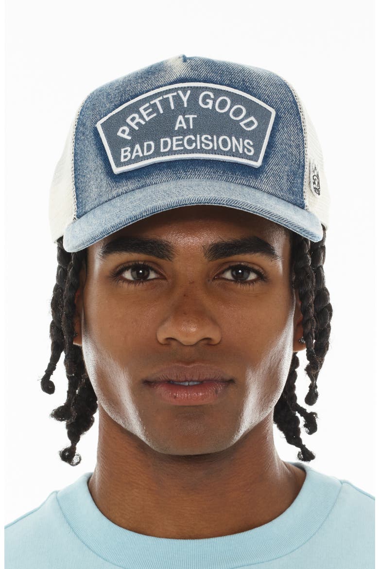 Good at Bad Decisions Denim Trucker Hat, Alternate, color, DENIM