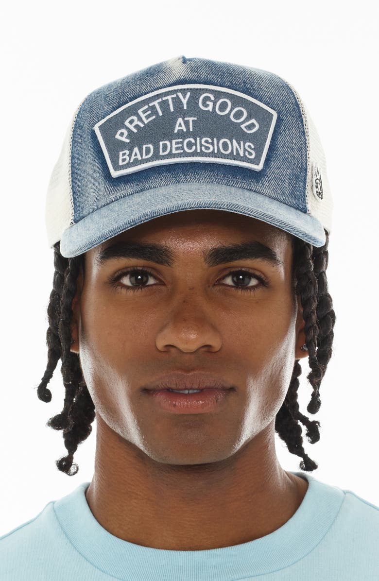 Cult of Individuality Good at Bad Decisions Denim Trucker Hat, Alternate, color, Denim