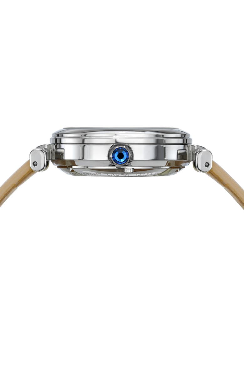 PORSAMO BLEU Laura White Topaz Automatic Leather Strap Watch, 36mm, Alternate, color, Beige Silver