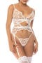 Floral Embroidered Mesh Wireless Bra, Garter Belt & Tanga Thong Set