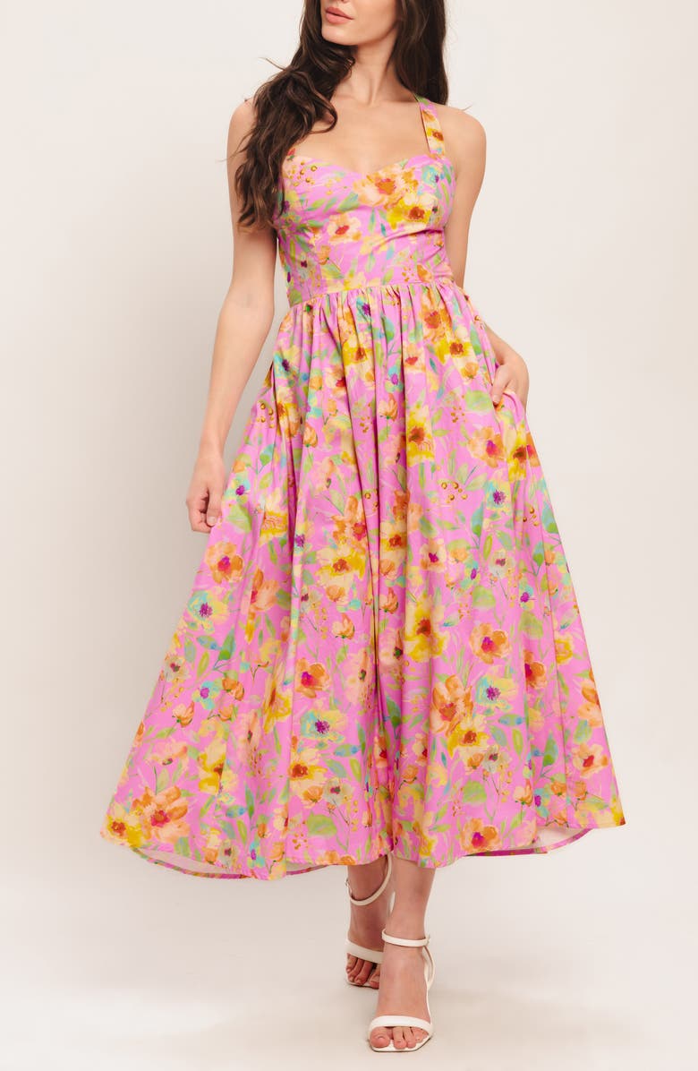 FLYING TOMATO Print Open Back Midi Dress, Alternate, color, Pink