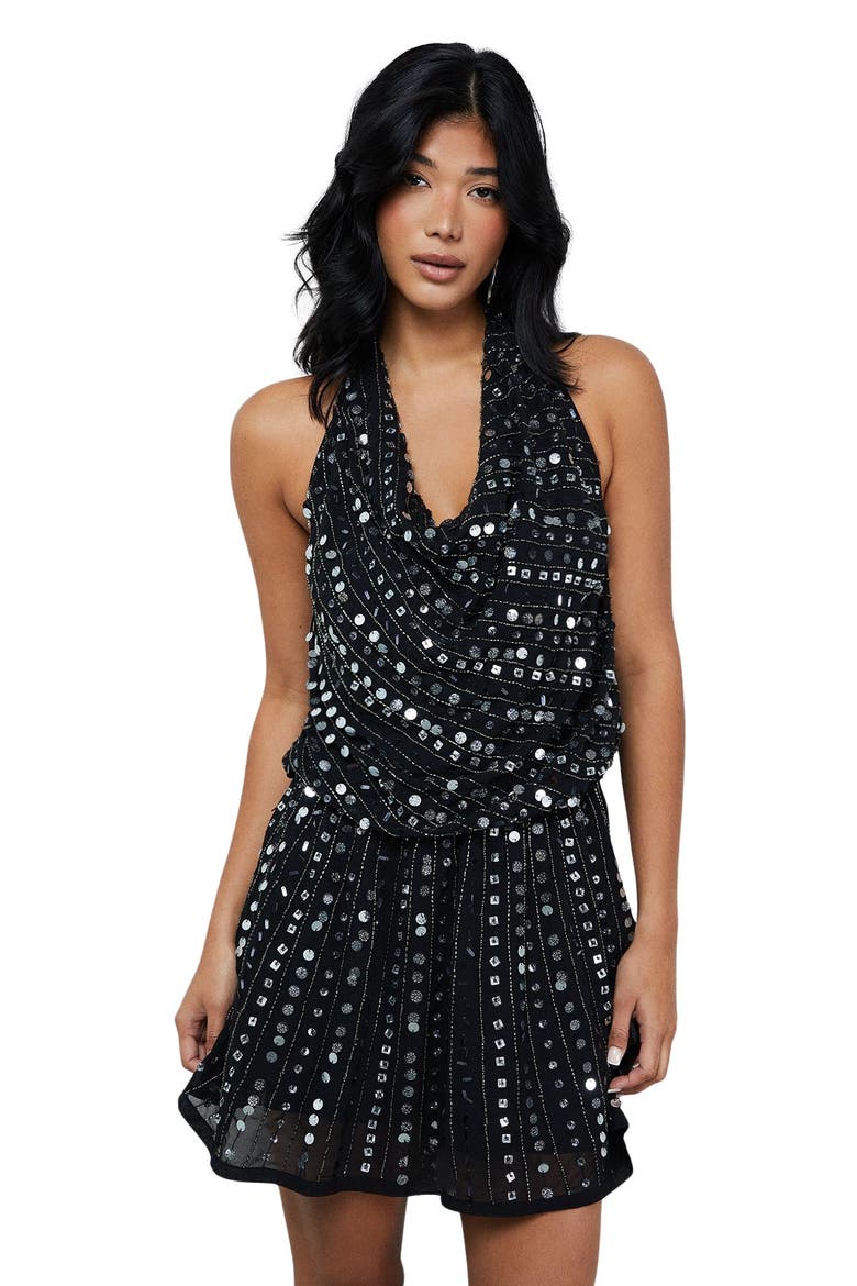 Sequin Cowl Front Flippy Mini Dress, Main, color, Black
