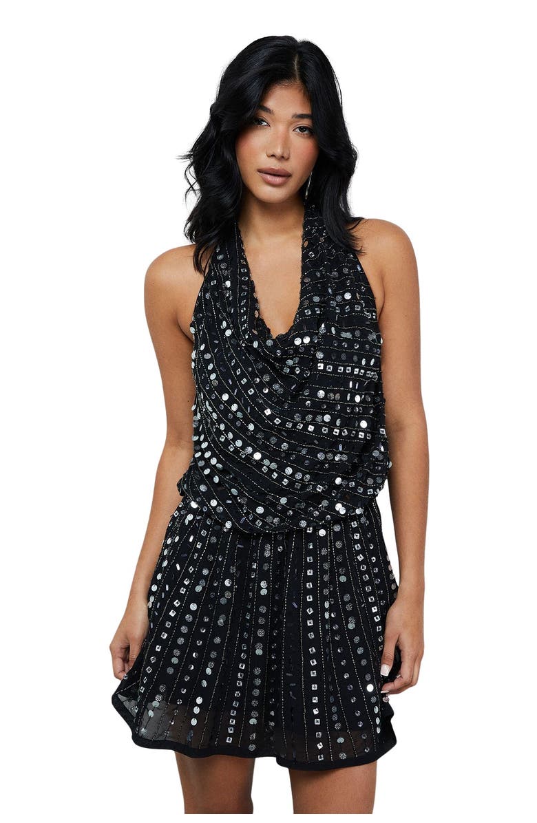 Warehouse Sequin Cowl Front Flippy Mini Dress, Main, color, Black