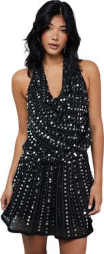 Warehouse Sequin Cowl Front Flippy Mini Dress