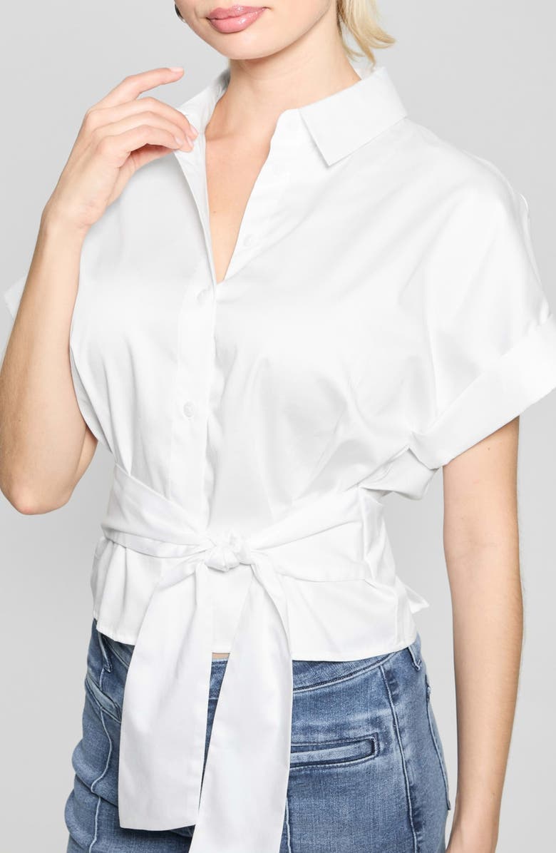 GUESS Julie Tie Front Cotton Shirt, Alternate, color, White