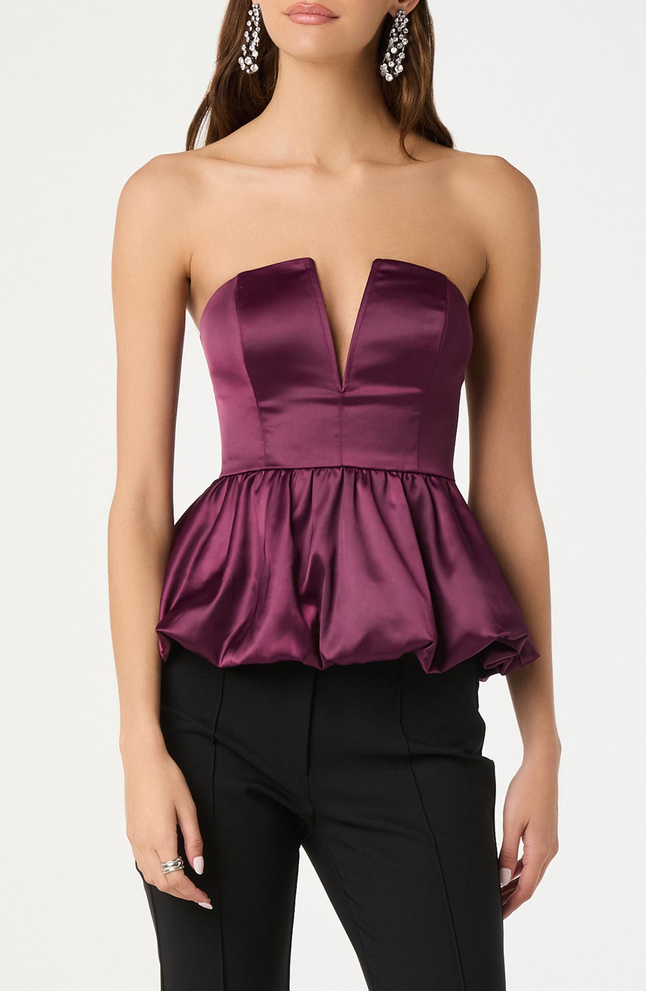 Satin Strapless Plunge Peplum Top - image 3