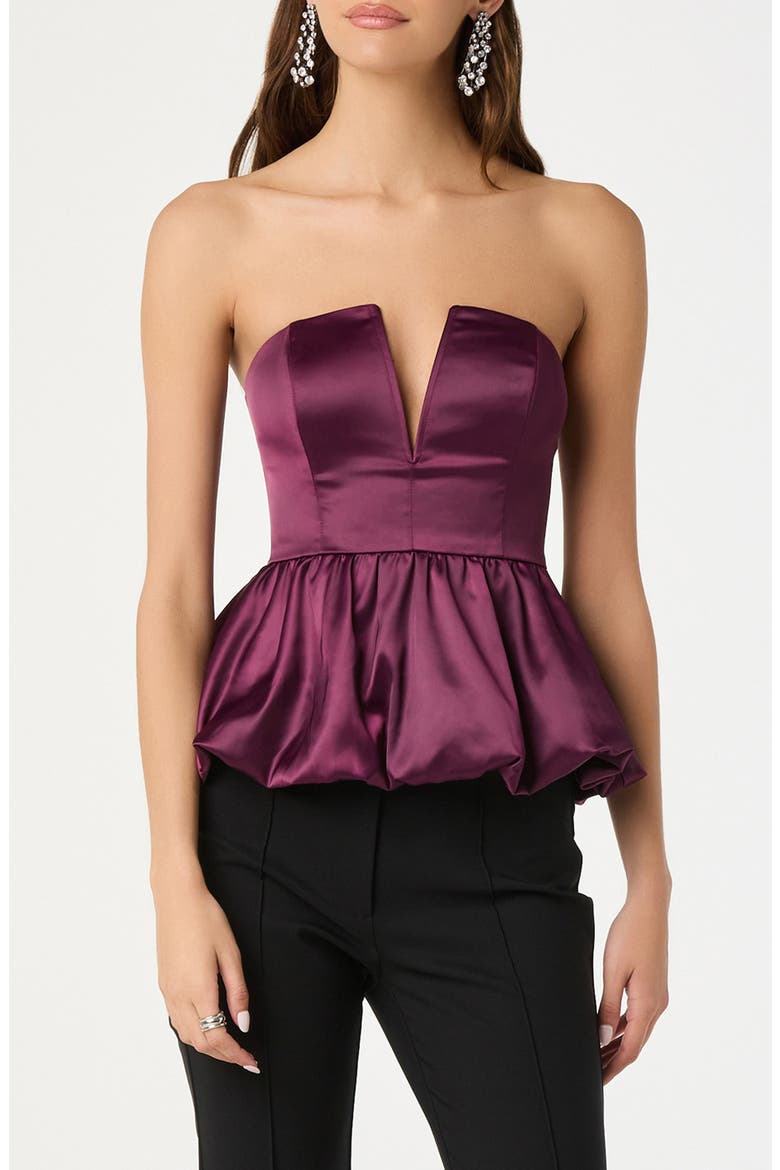 Satin Strapless Plunge Peplum Top, Main, color, WINE