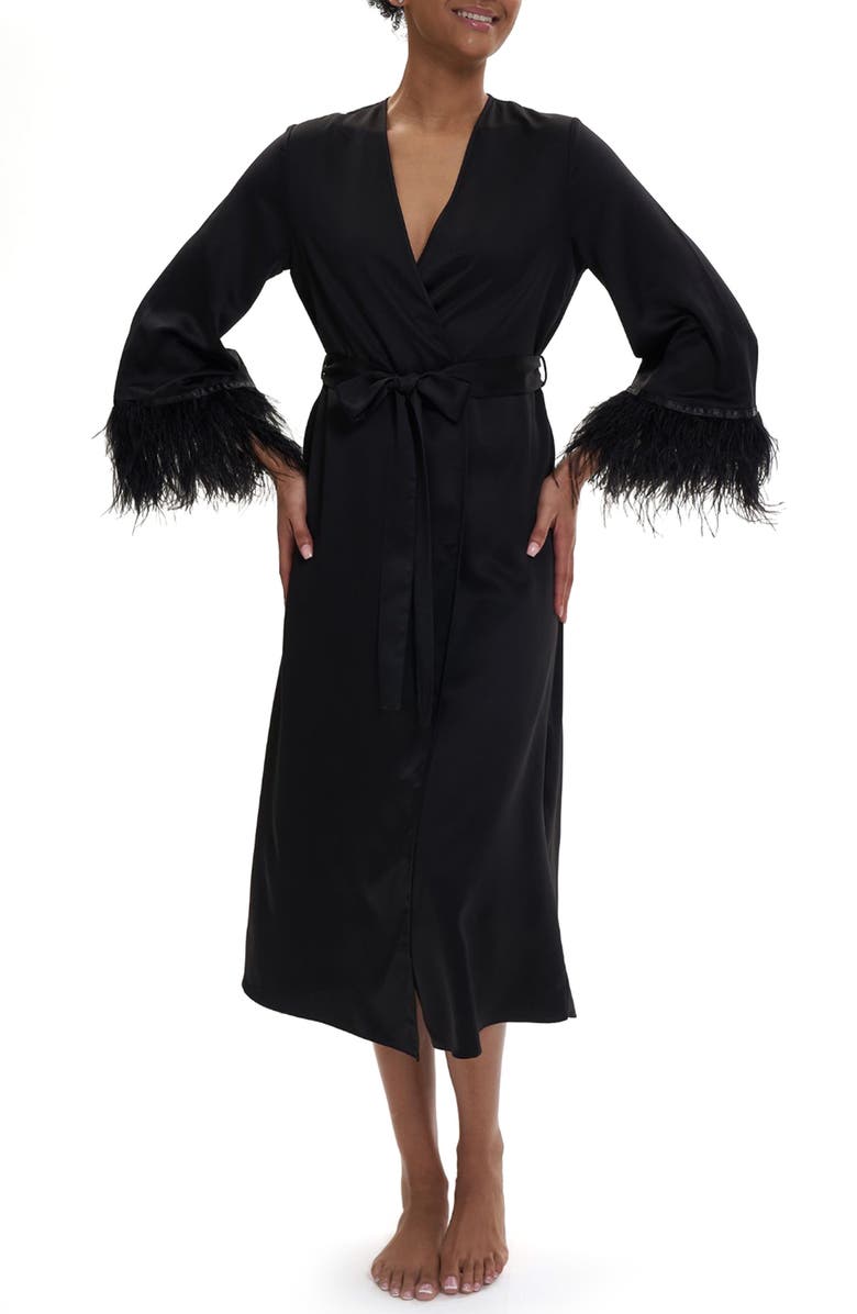 Rya Collection Swan Ostrich Feather Trim Charmeuse Robe, Alternate, color,